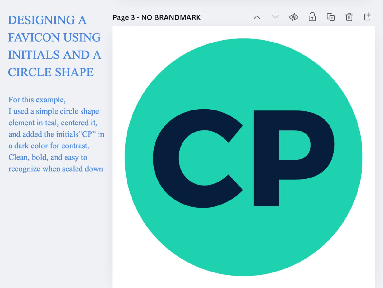 Screenshot of a favicon design in Canva showing a teal circle element with the initials “CP” centered in dark text for contrast.