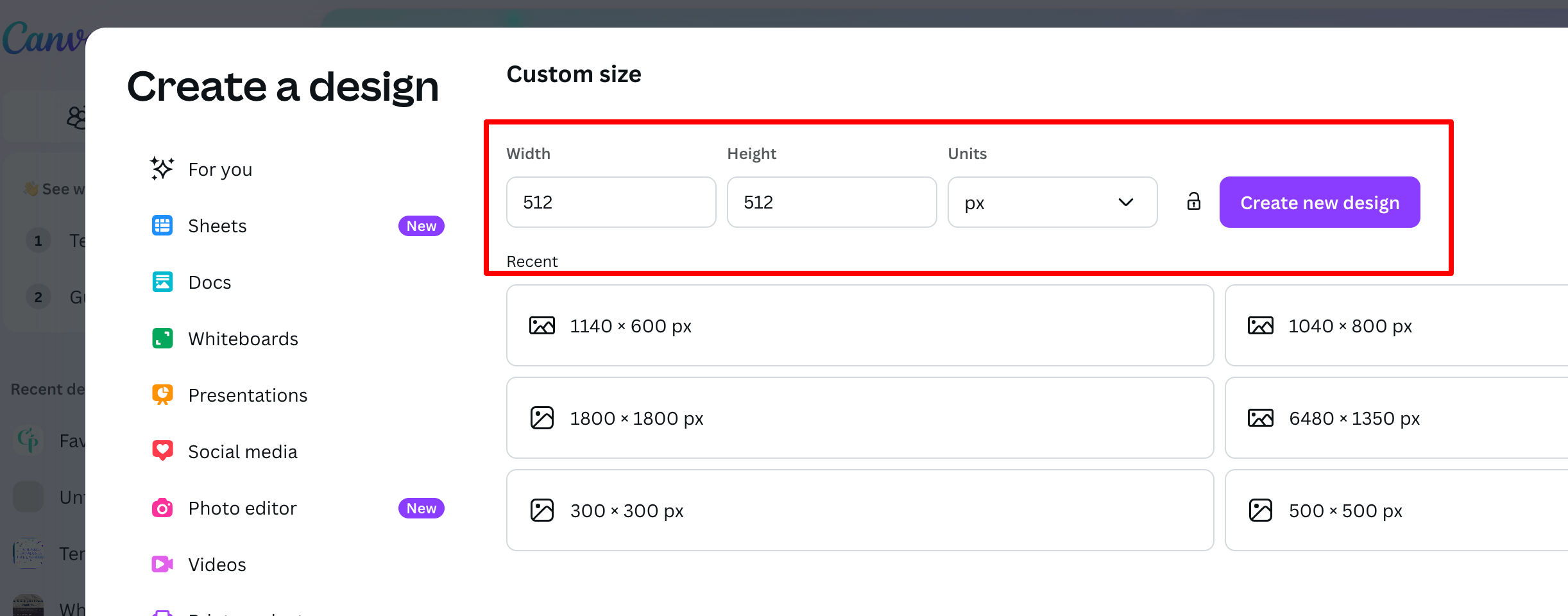 Screenshot of Canva showing a new 512 by 512 pixel design canvas, used to create a simple favicon image for a website.